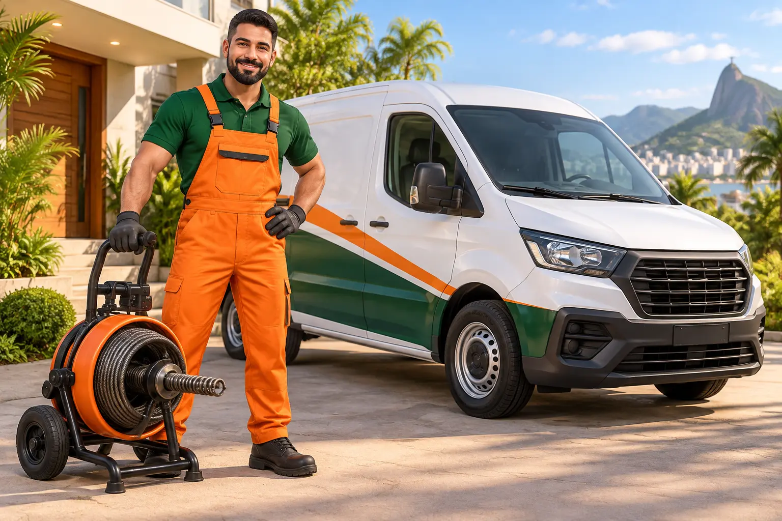Profissional da Dr. Lopes com equipamento de desentupimento ao lado da van de atendimento