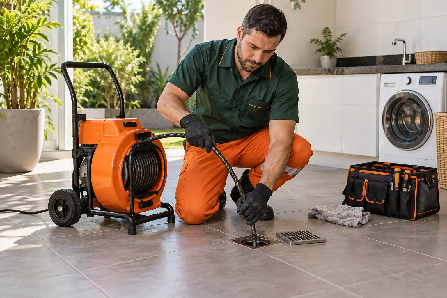 Profissional da Dr. Lopes usando equipamento de desentupimento em ambiente residencial